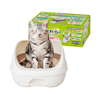 デオトイレ本体パッケージと使用する白黒猫